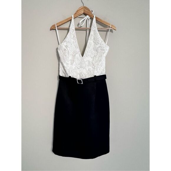 Vintage Scott McClintock black and white belted halter pencil dress sz 6 - Picture 1 of 10